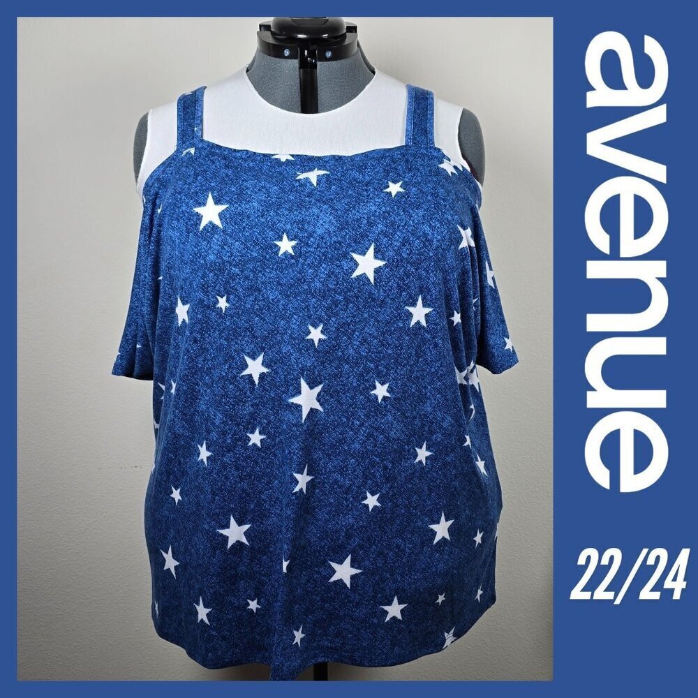 2/$15 Avenue Blue Star Print Cold Shoulder Knit Top 22/24 (EUC)